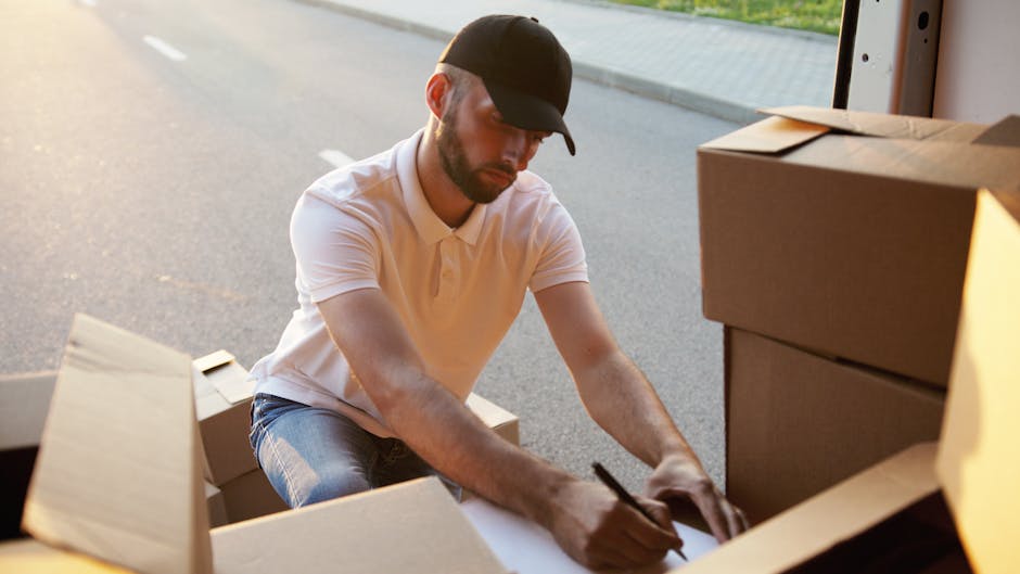 A delivery man writes on cardboard boxes while outside in natural light.